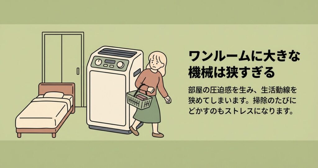 ワンルームの部屋に置かれた大きな空気清浄機が邪魔になり、生活動線が狭くなって困っている女性のイラスト