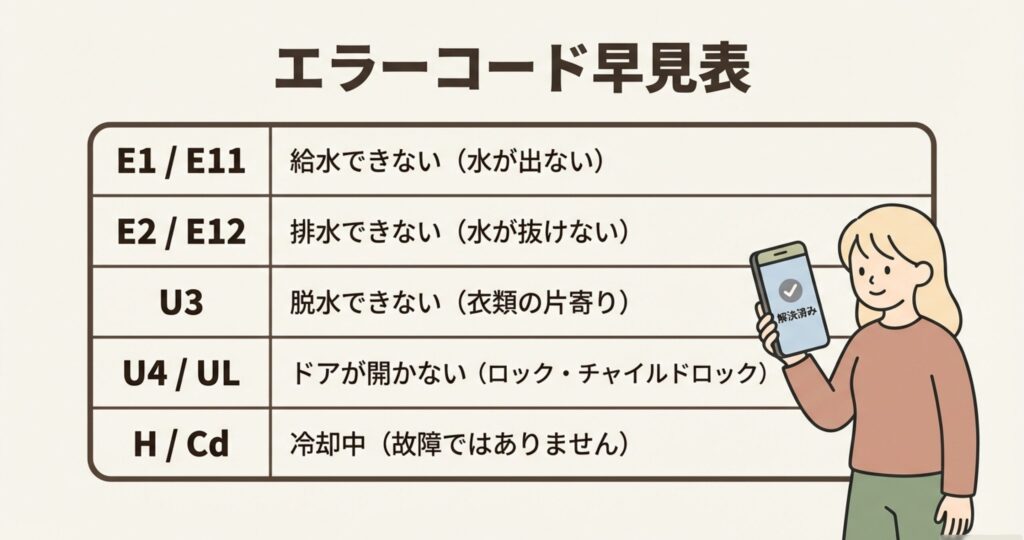 アクア洗濯機のエラーコード（E1, E2, U3, U4, H）と主な症状・解決状況をまとめた一覧表