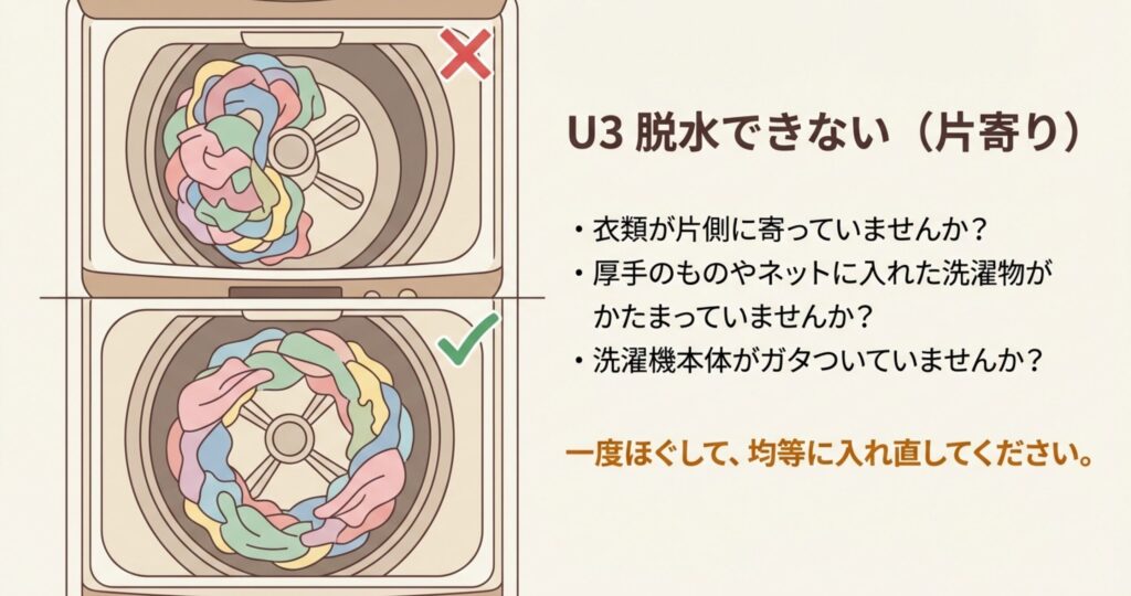洗濯槽内の衣類が片寄っている悪い例と、ドーナツ状に均等に広げた良い例の比較イラスト。U3エラーの解消方法。