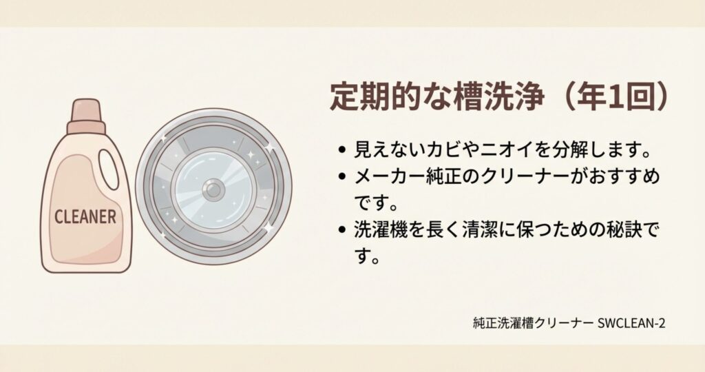 洗濯槽クリーナーのボトルとピカピカの洗濯槽のイラスト。メーカー純正クリーナー（SWCLEAN-2）による年1回の洗浄推奨。