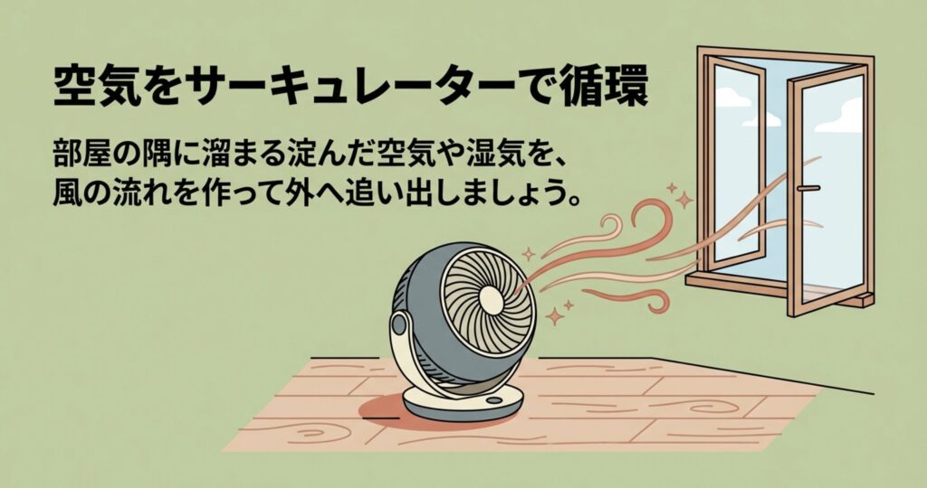 壁の換気口（通気口）にフィルターシートを貼り付けている手元のイラスト。花粉や粉塵の侵入を入口で防ぐ対策