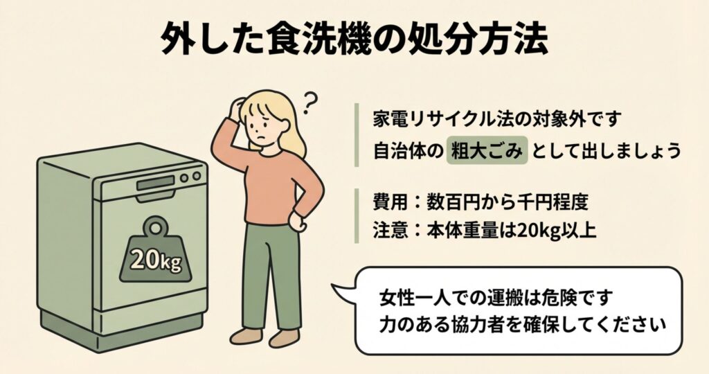取り外した食洗機と「20kg」の文字。女性一人での運搬は危険であること、自治体の粗大ごみルールに従うことを示唆している。