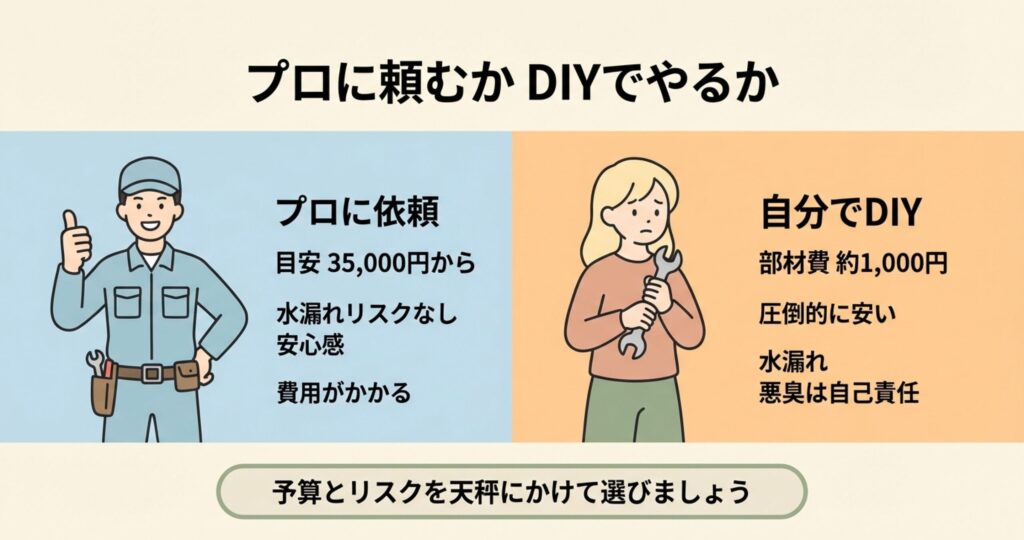 自信に満ちたプロの業者と、工具を持って困り顔をする女性のイラスト。プロに頼む安心感と、DIYの安さ・リスクを対比させている。