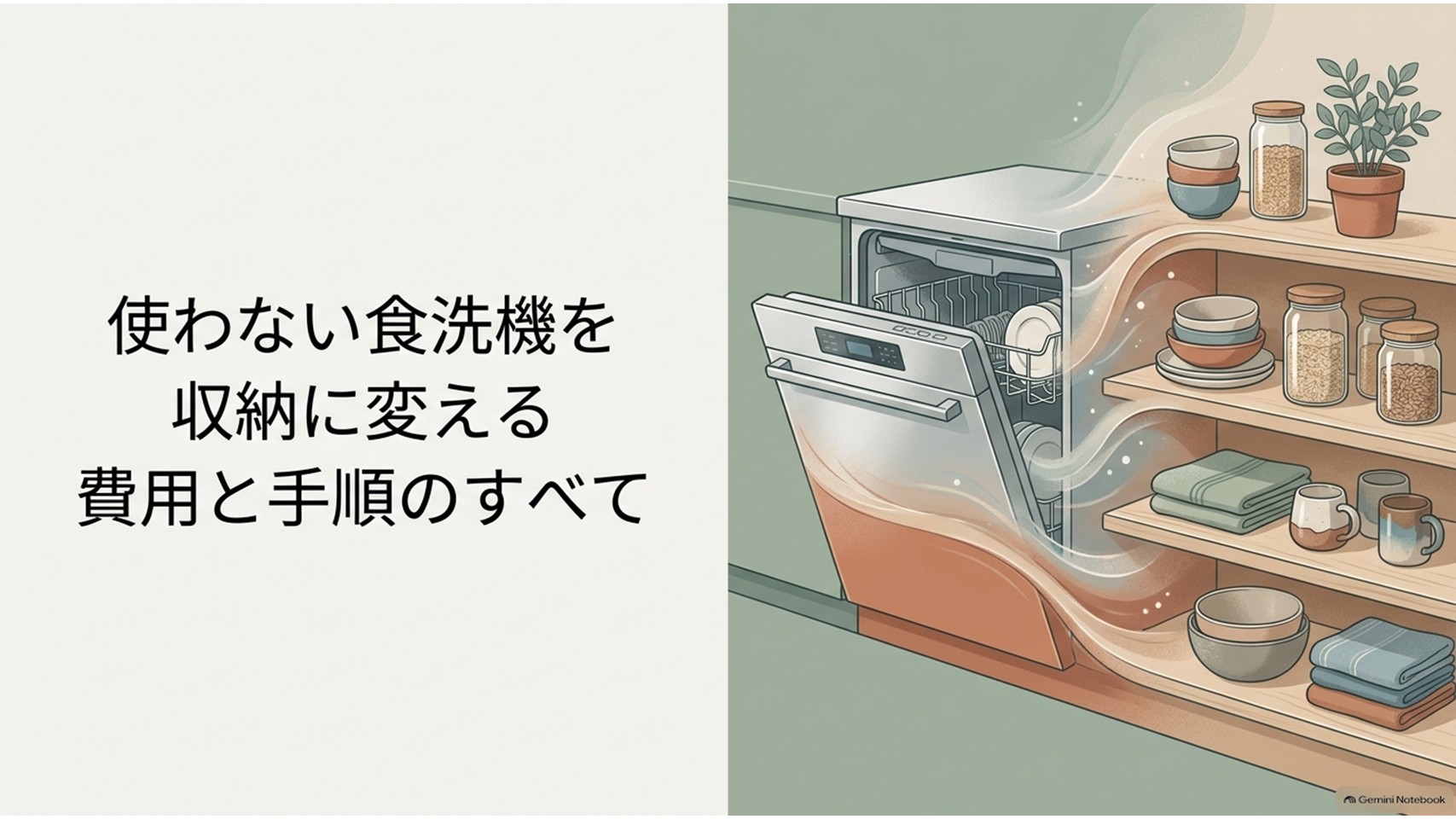 使わないビルトイン食洗機を撤去して収納スペースに変える費用と手順を示すアイキャッチ画像。