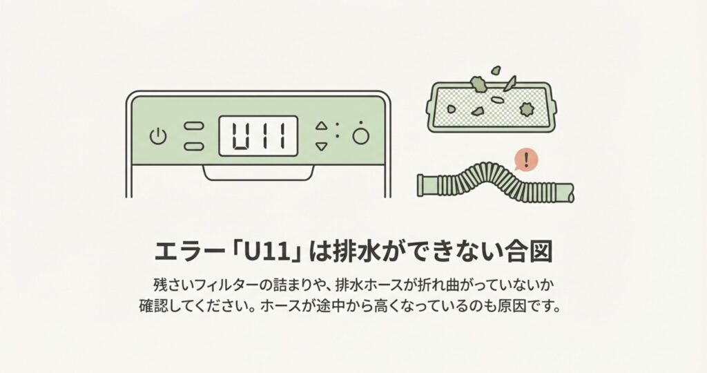 食洗機の操作パネルに表示されたU11のエラーコード。原因となる残さいフィルターのゴミ詰まりと、排水ホースが折れ曲がって水流が妨げられている様子のイラスト。