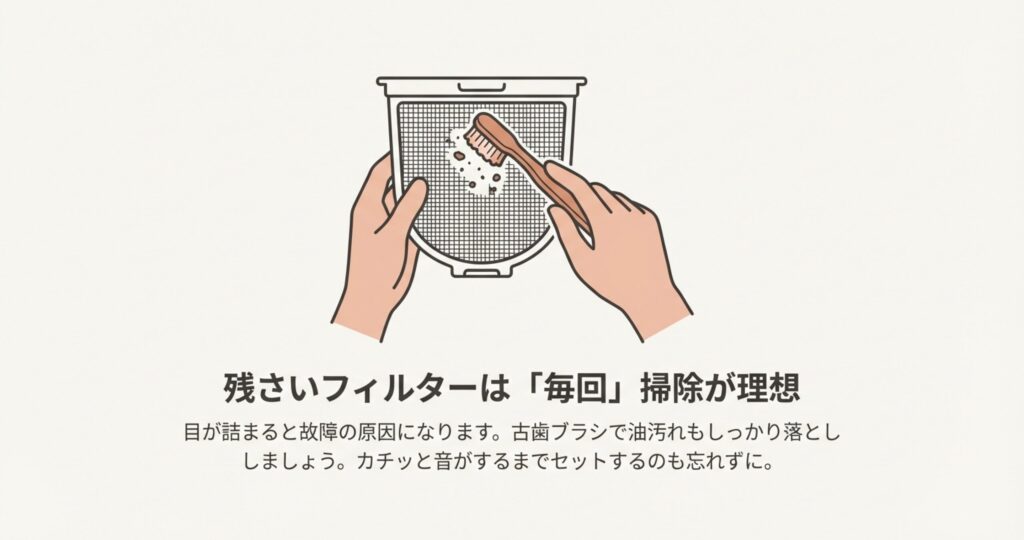 食洗機の残さいフィルターを取り外し、古歯ブラシを使って網目に詰まった汚れを掃除している手元のイラスト。