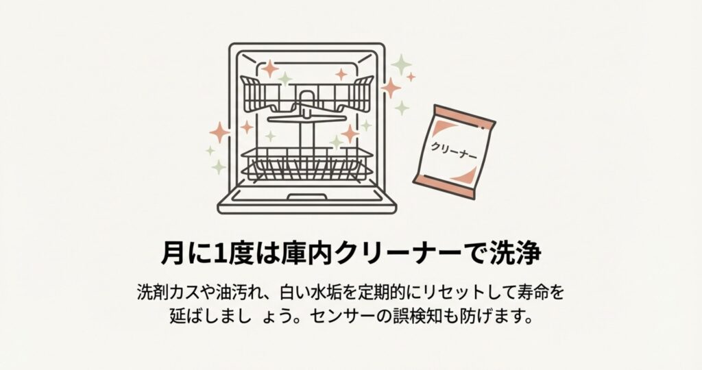 ピカピカになった食洗機の内部と、洗浄に使用する庫内クリーナーのパッケージイラスト。定期的なお手入れのイメージ。
