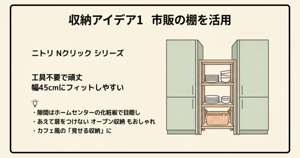 食洗機を撤去したスペースに、ニトリのNクリックのような木製のオープン棚を設置し、食器やカゴを収納しているイラスト。