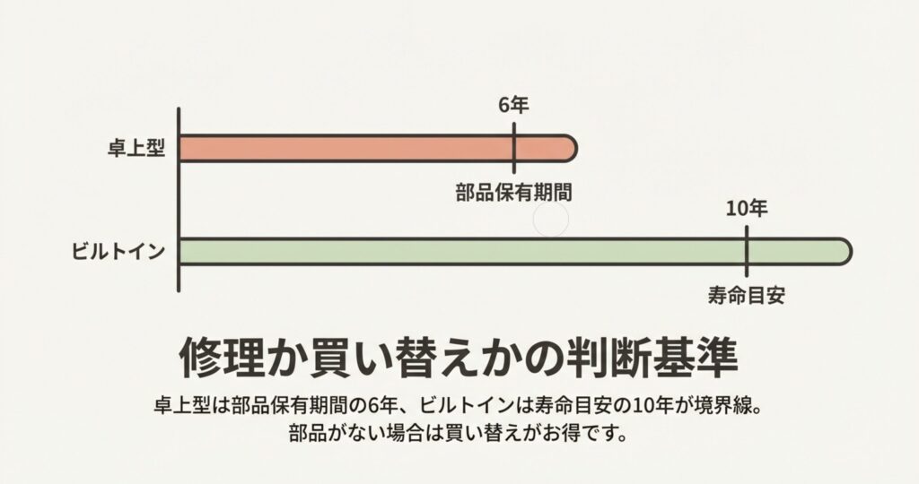 食洗機の買い替え時期を示すグラフ。卓上型は部品保有期間の6年、ビルトイン型は寿命目安の10年が境界線であることを表した図。