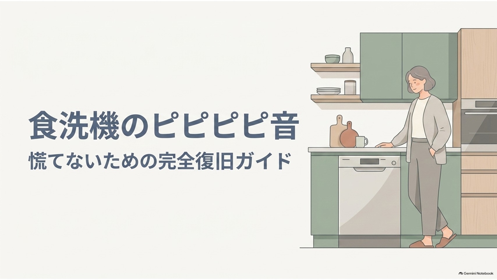 パナソニック食洗機のピピピピというエラー音への対処法を解説する導入スライド。キッチンに設置された食洗機と、その横に立つ女性のイラスト、「食洗機のピピピピ音 慌てないための完全復旧ガイド」というタイトルが表示されている。