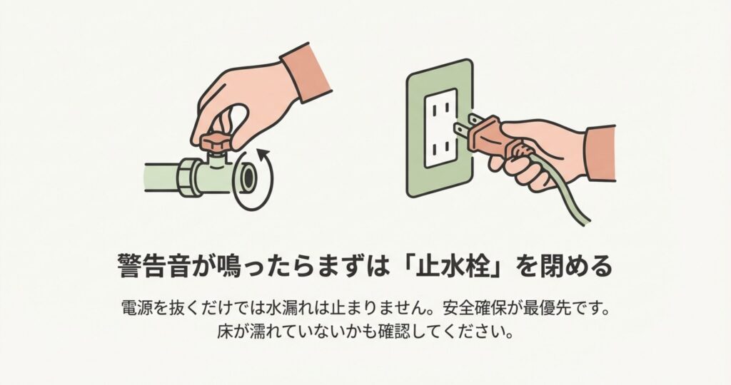 警告音が鳴った際の緊急対応イラスト。止水栓のバルブを時計回りに回して水を止める手と、コンセントから電源プラグを抜いている手の様子。