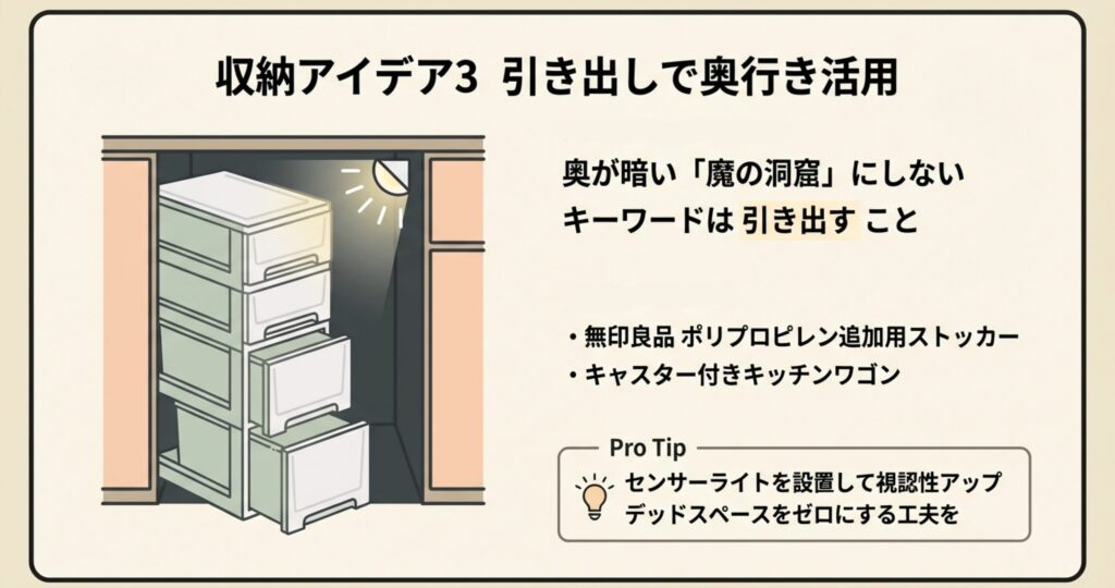 奥が見えにくいスペースに引き出し式のストッカーを設置し、センサーライトで明るく照らすことで視認性を高めているイラスト。