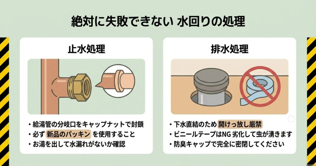 給湯管をキャップナットで正しく塞ぐ図と、排水管にビニールテープを巻くのはNGであることを示す禁止マークの図。