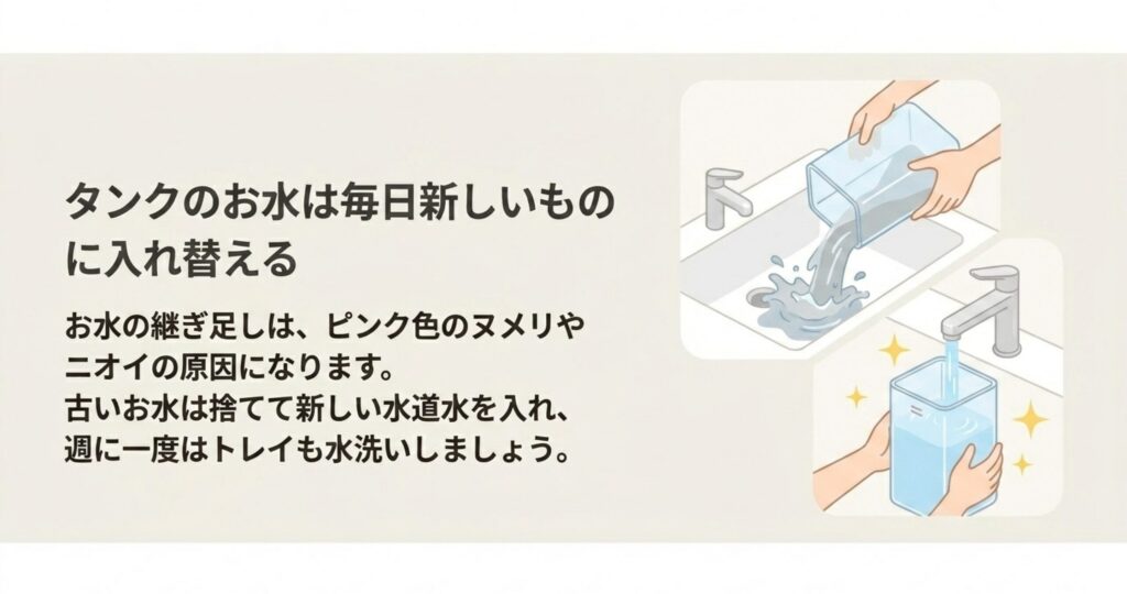 ピンク色のヌメリや悪臭を防ぐため、古い水を捨てて毎日新しい水道水に入れ替え、タンクやトレーを水洗いする様子を描いたイラスト