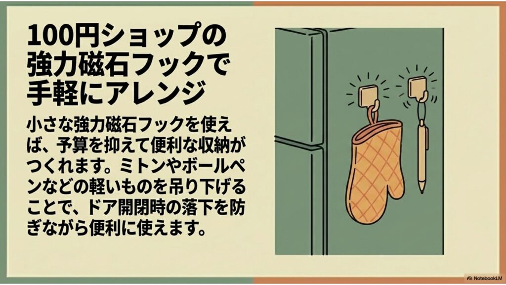 冷蔵庫の側面に貼り付けた2つの磁石フックに、ミトンとボールペンが吊り下げられているイラスト。100円ショップの強力なネオジム磁石フックを使い、低コストで便利な小物の定位置を作るアイデア