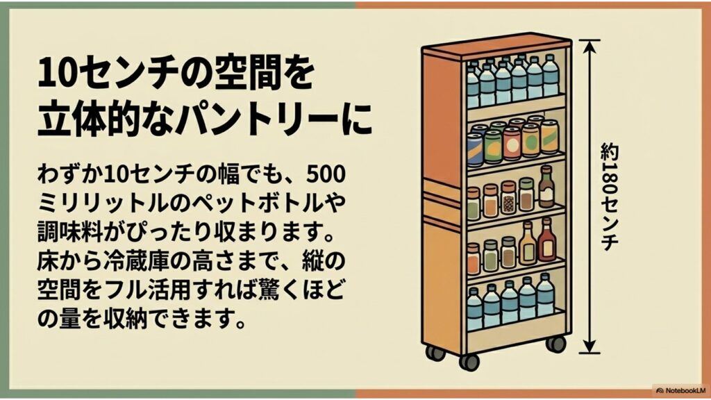 幅10cm、高さ180cmのスリムな棚に、ペットボトル、缶詰、調味料ボトルが整然と並んでいるイラスト。縦の空間をフル活用することで、わずかな幅でも大量の食品をストックできることを示すイメージ図