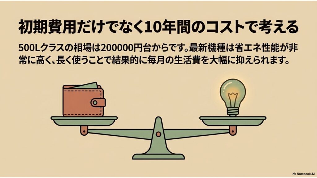 500Lクラスの相場は20万円台から。最新機種は省エネ性能が高いため、初期費用だけでなく10年間のコストで考えます