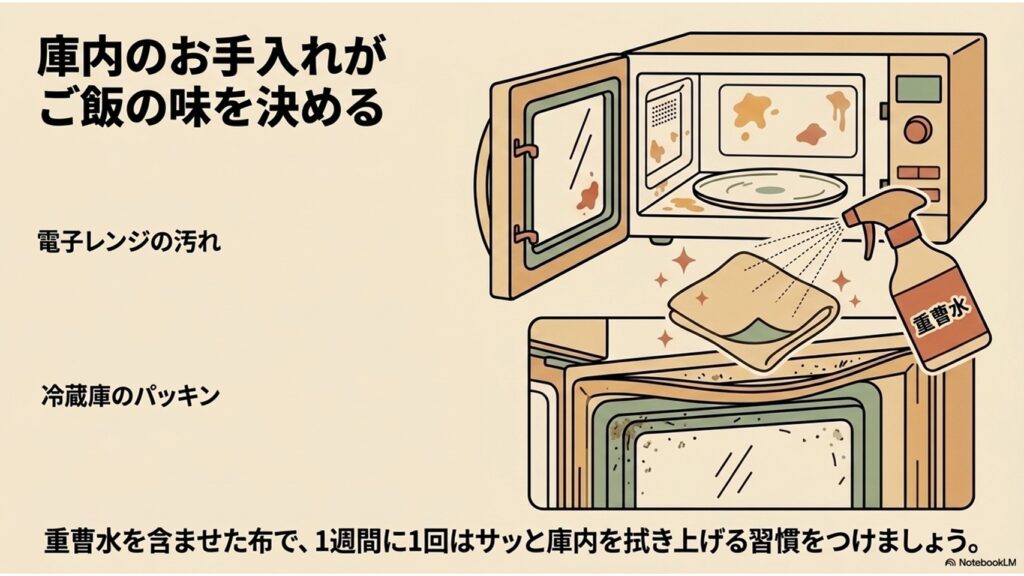 庫内のお手入れがご飯の味を決める。電子レンジの汚れや冷蔵庫のパッキンを重曹水を含ませた布で1週間に1回サッと拭き上げる様子を示すイラスト