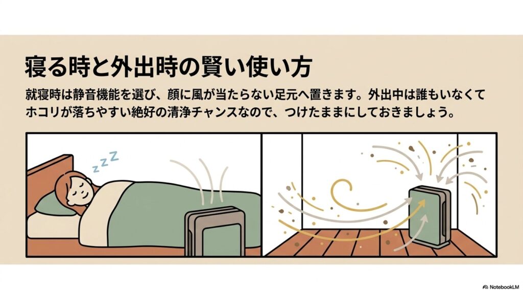 就寝中は足元に設置し、外出中もつけっぱなしにしている様子を説明したイラスト