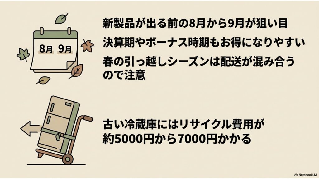 新製品が出る前の8月〜9月、決算期、ボーナス時期が冷蔵庫のお買い得な時期であることを示すカレンダーのイラスト。また、古い冷蔵庫のリサイクル費用が約5000〜7000円かかることも記載