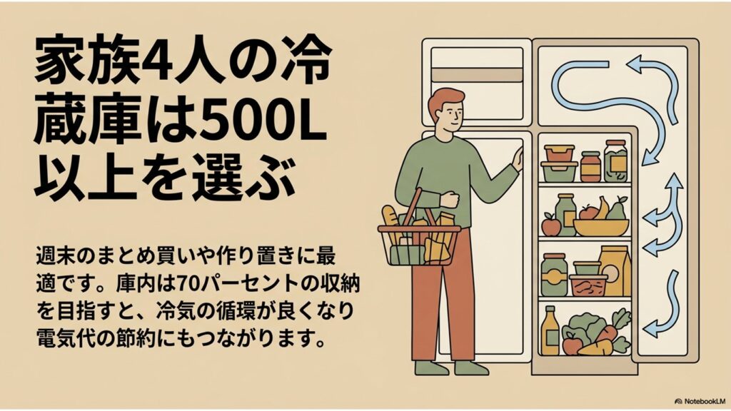 家族4人の冷蔵庫はまとめ買いや作り置きを考慮して500L以上を選ぶ。冷気循環のため7割収納が目安です