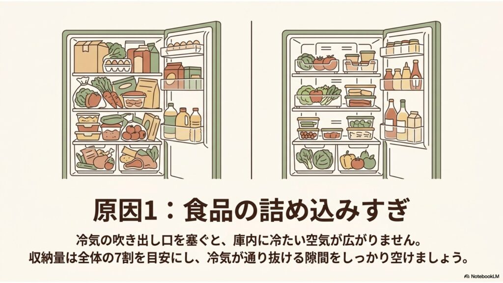 詰め込みすぎた冷蔵庫と整理された冷蔵庫の比較。7割収納で冷気の通り道を確保するポイント