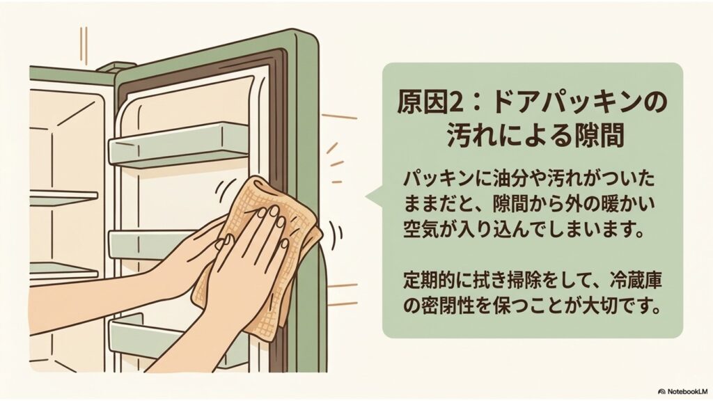 冷蔵庫のドアパッキンを布で清掃する様子と、密閉性を保つ重要性の説明