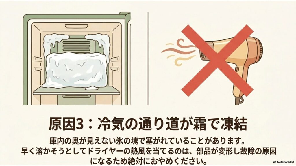 内部が霜で塞がれた状態のイラストと、故障を招くドライヤー使用厳禁の警告マーク