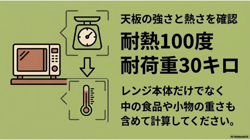 電子レンジと温度計、はかりのイラスト。天板の強さと熱さを確認するため、耐熱100度、耐荷重30キロという基準が書かれています。レンジ本体だけでなく、中の食品や小物の重さも含めて計算するよう注意喚起しています