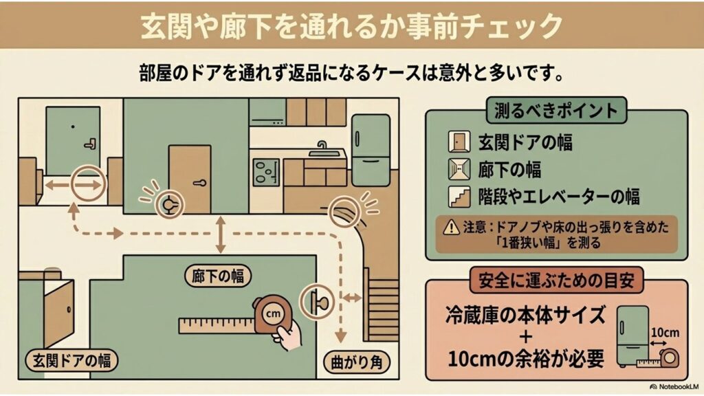 冷蔵庫を搬入する前に、玄関ドア、廊下、階段の幅をドアノブなどの出っ張りを含めて測り、本体サイズプラス10cmの余裕が必要であることを示した見取り図イラスト