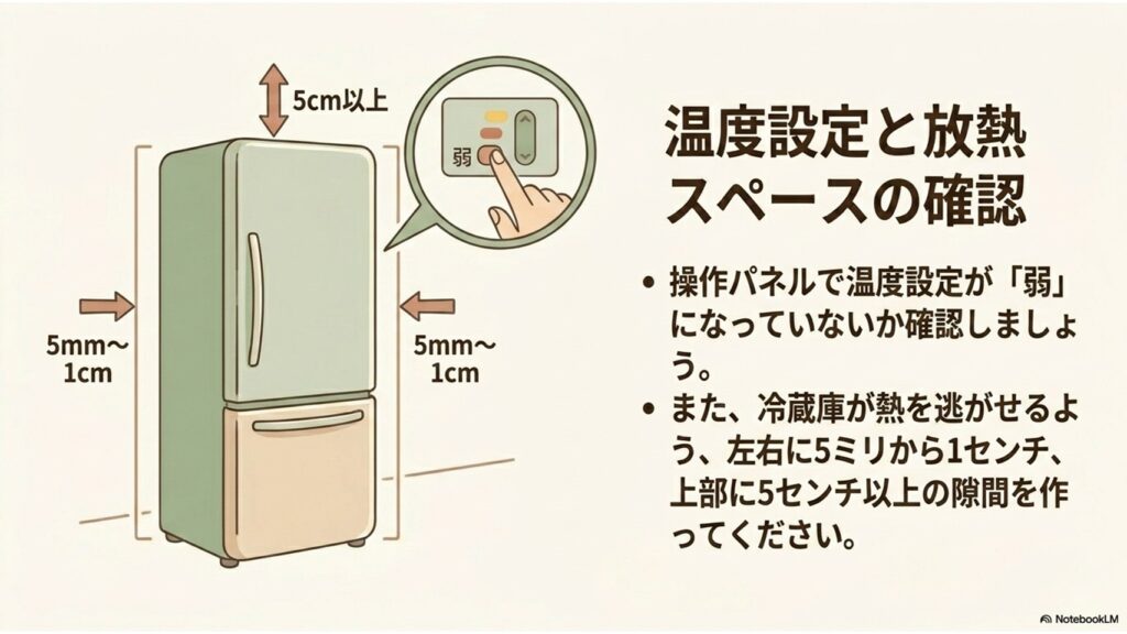 操作パネルの設定確認と、冷蔵庫の左右・上部に必要な放熱スペースの寸法図解