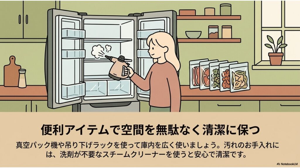 真空パック機や吊り下げラックで庫内を広く使う。お手入れには洗剤不要のスチームクリーナーが安心です