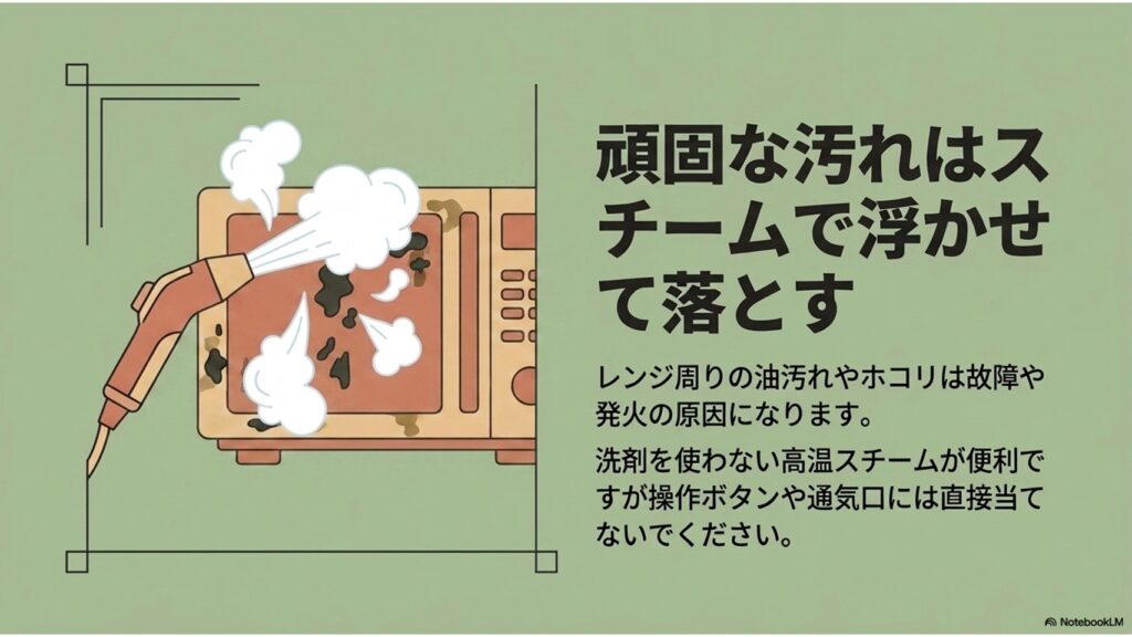 電子レンジに向けてスチームクリーナーを噴射しているイラスト。頑固な汚れはスチームで浮かせて落とすこと、レンジ周りの油汚れやホコリは故障や発火の原因になること、洗剤を使わない高温スチームが便利だが操作ボタンや通気口には直接当てないよう書かれています