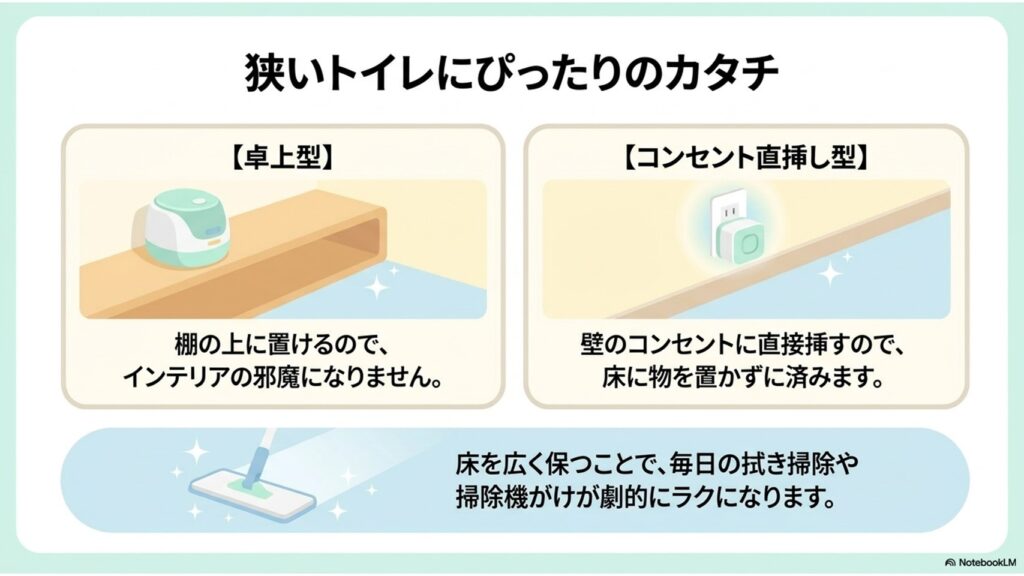 狭いトイレに適した「卓上型」と「コンセント直挿し型」の小型脱臭機