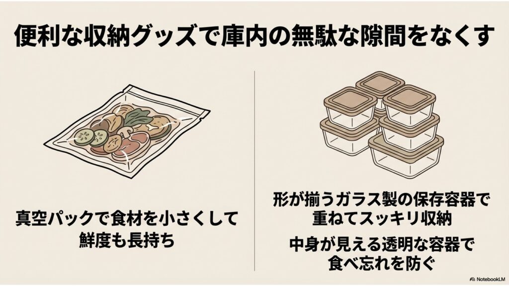 食材を小さくして鮮度を保つ真空パックと、重ねて収納でき中身が見えるガラス製保存容器のイラスト。庫内の無駄な隙間をなくす方法を紹介しています