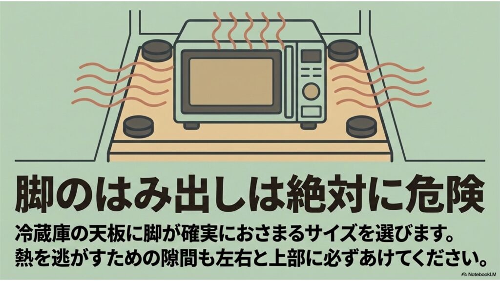 冷蔵庫の上に置かれた電子レンジから赤い熱気が出ているイラスト。脚のはみ出しは絶対に危険であることと、冷蔵庫の天板に脚が確実におさまるサイズを選ぶこと、熱を逃がすための隙間を左右と上部に必ずあけることが書かれています