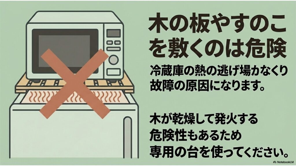 電子レンジの下に木の板が敷かれ、バツ印がつけられているイラスト。木の板やすのこを敷くのは危険であり、冷蔵庫の熱の逃げ場がなくなり故障の原因になること、木が乾燥して発火する危険性があるため専用の台を使うよう書かれています