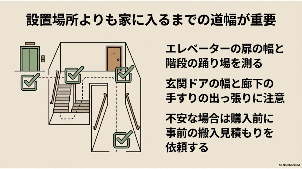 エレベーターの扉や階段の踊り場、玄関ドアや廊下の手すりなど、家に入るまでの搬入経路の確認箇所を図解したイラスト。不安な場合は事前の搬入見積もりを推奨しています