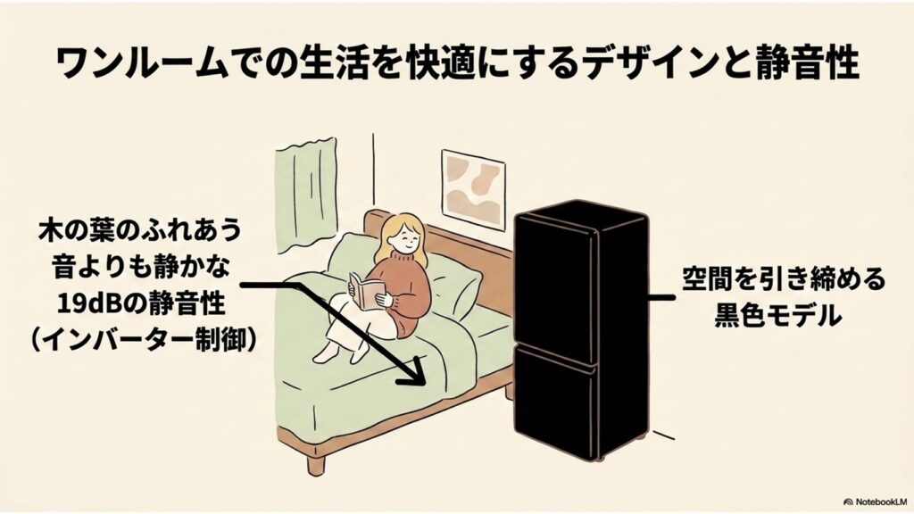 ワンルームに最適な、インバーター制御による約19dBの静音設計と、インテリアに馴染むスタイリッシュな黒色モデルのメリット