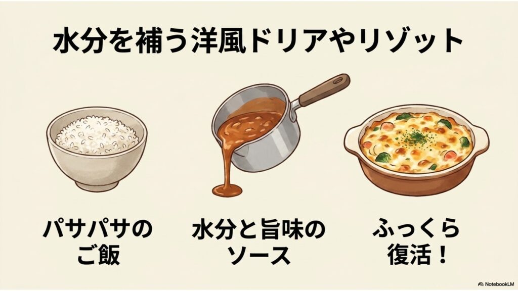 水分を補う洋風ドリアやリゾット。パサパサのご飯に水分と旨味のソースを加え、ふっくらと復活させたドリアのイラスト