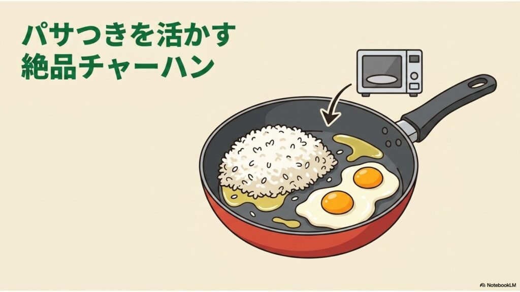 パサつきを活かす絶品チャーハン。少し温めたパサパサのご飯をフライパンで卵と一緒に炒めてパラパラのチャーハンにするイラスト