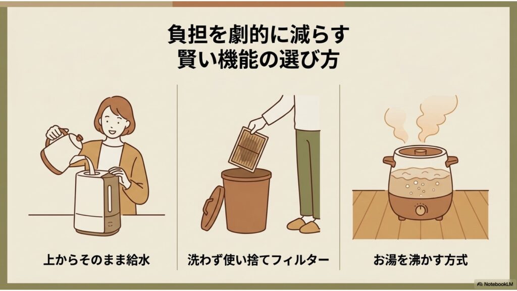 上から給水、使い捨てフィルター、スチーム式といった、お手入れの手間を劇的に減らす機能の比較イラスト