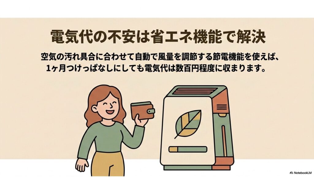 エコモード搭載の空気清浄機と、電気代が安く済んで安心している女性のイラスト