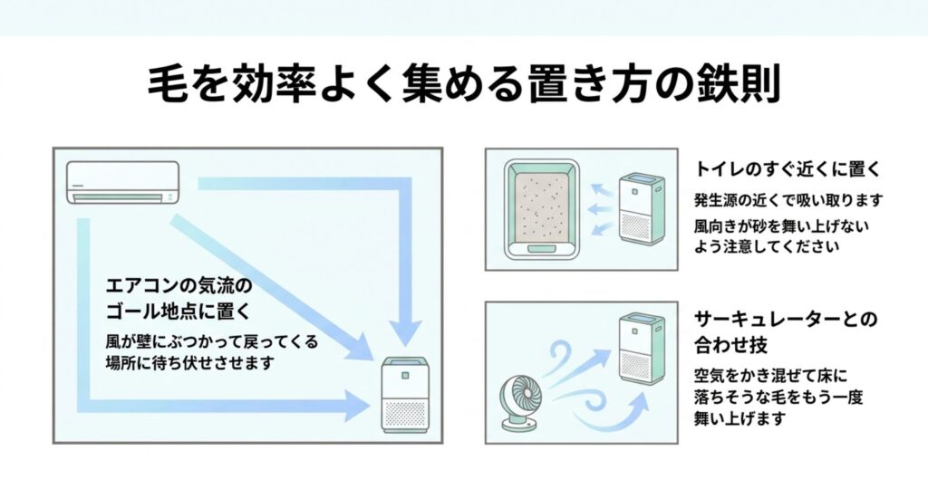 猫の毛を効率よく集める空気清浄機の置き方の鉄則（エアコン気流のゴール、トイレの近く、サーキュレーター併用）