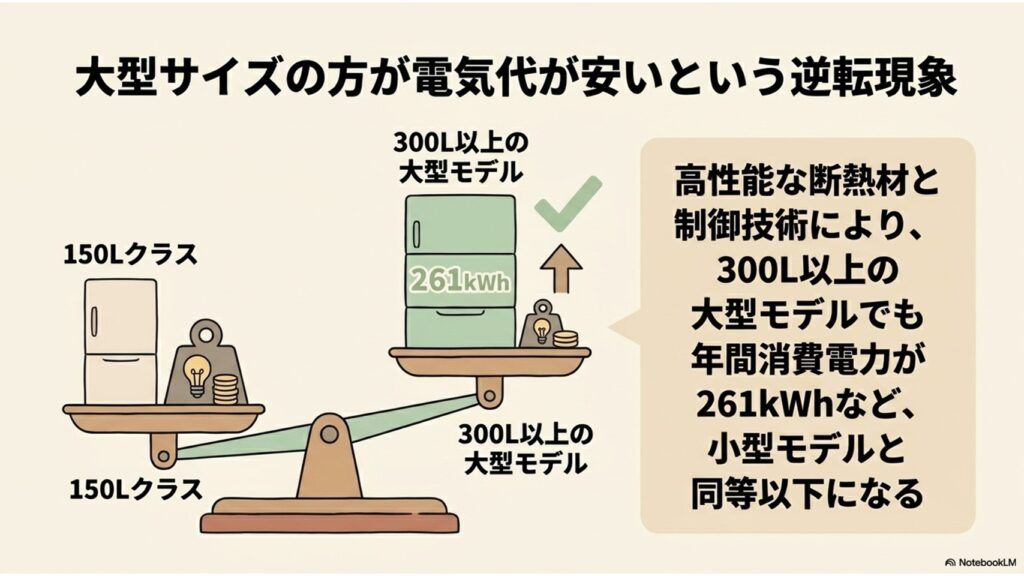 高性能な断熱材と制御技術により、300L以上の大型冷蔵庫の方が150Lクラスの小型モデルよりも電気代が安くなる逆転現象を解説