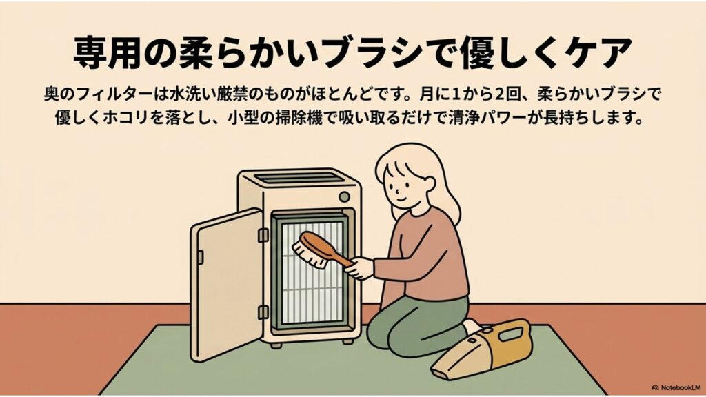 フィルターを傷つけないよう、専用の柔らかいブラシでお手入れしているイラスト