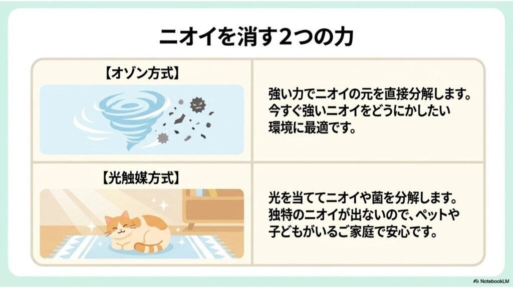 フィルター放置によるニオイ発生の注意喚起と、交換不要タイプのメリット