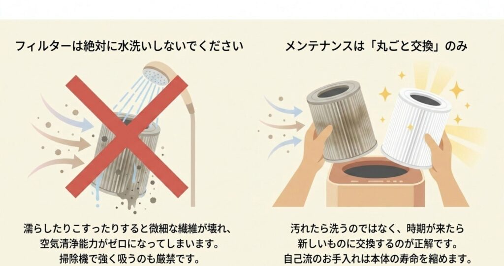 フィルターをシャワーで水洗いしている様子に赤いバツ印がつけられたイラストと、古いフィルターから新しいフィルターへ丸ごと交換しているイラスト