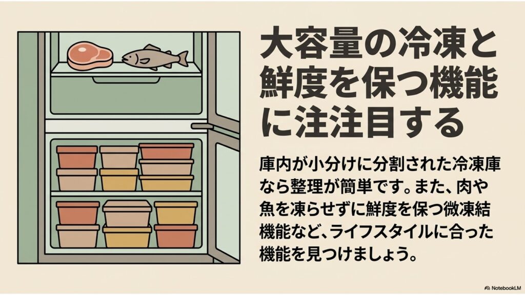 分割整理できる大容量の冷凍室や、肉や魚の鮮度を保つ微凍結機能など、ライフスタイルに合った機能に注目します