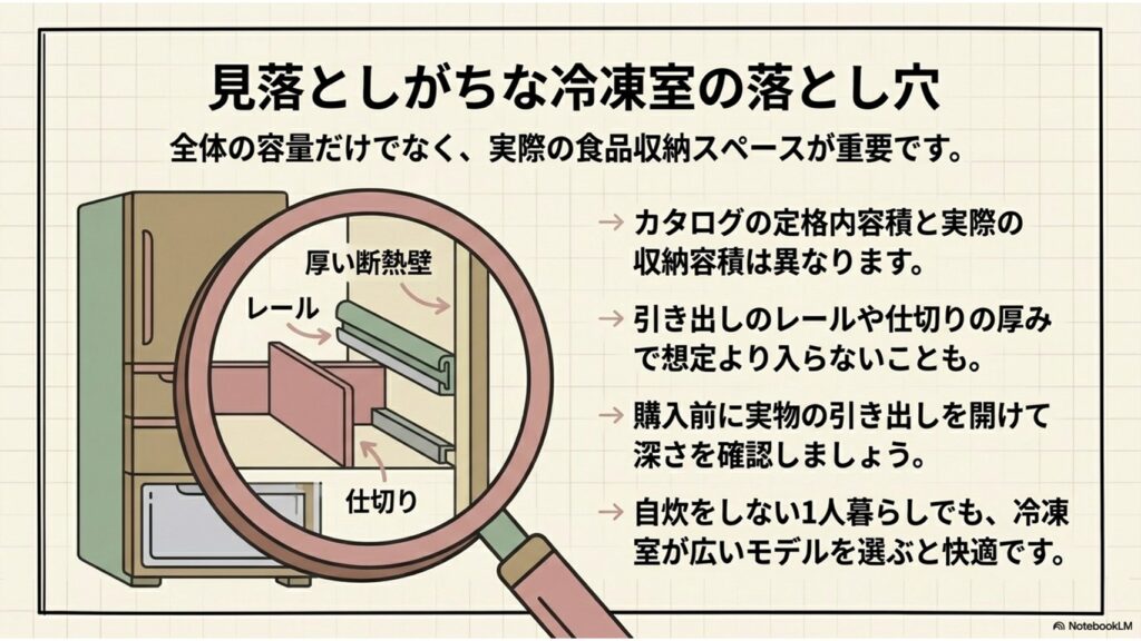 冷凍室の収納力について、カタログ上の「定格内容積」と「実際の収納スペース」は異なることを説明するスライド。引き出しのレールや仕切りによるデッドスペースを考慮し、実物を確認することの重要性を伝えています
